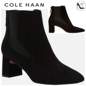 Cole Haan Etta Black Suede Pointed Toe Ankle Booties Block Heel Leather Boot 9.5